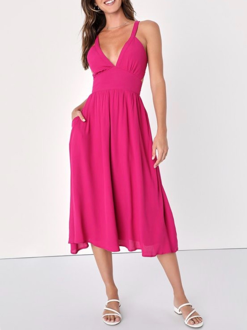 NWT Lulus Bold New Look Magenta Tie-Back Midi Dress With Pockets
